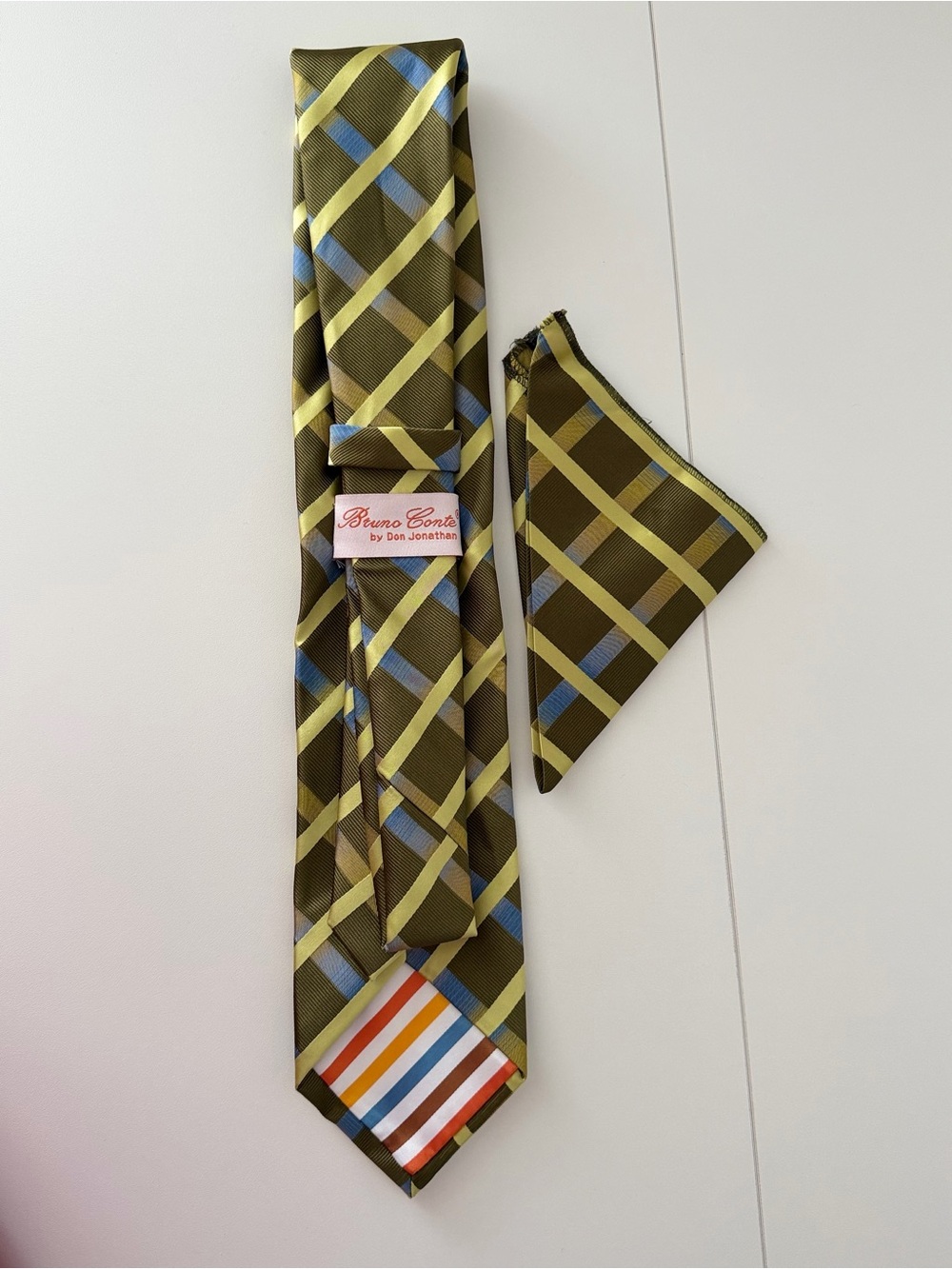 Bruno Conte Silk Tie & Pocket Square Set Olive Green Yellow Blue Plaid Stripe